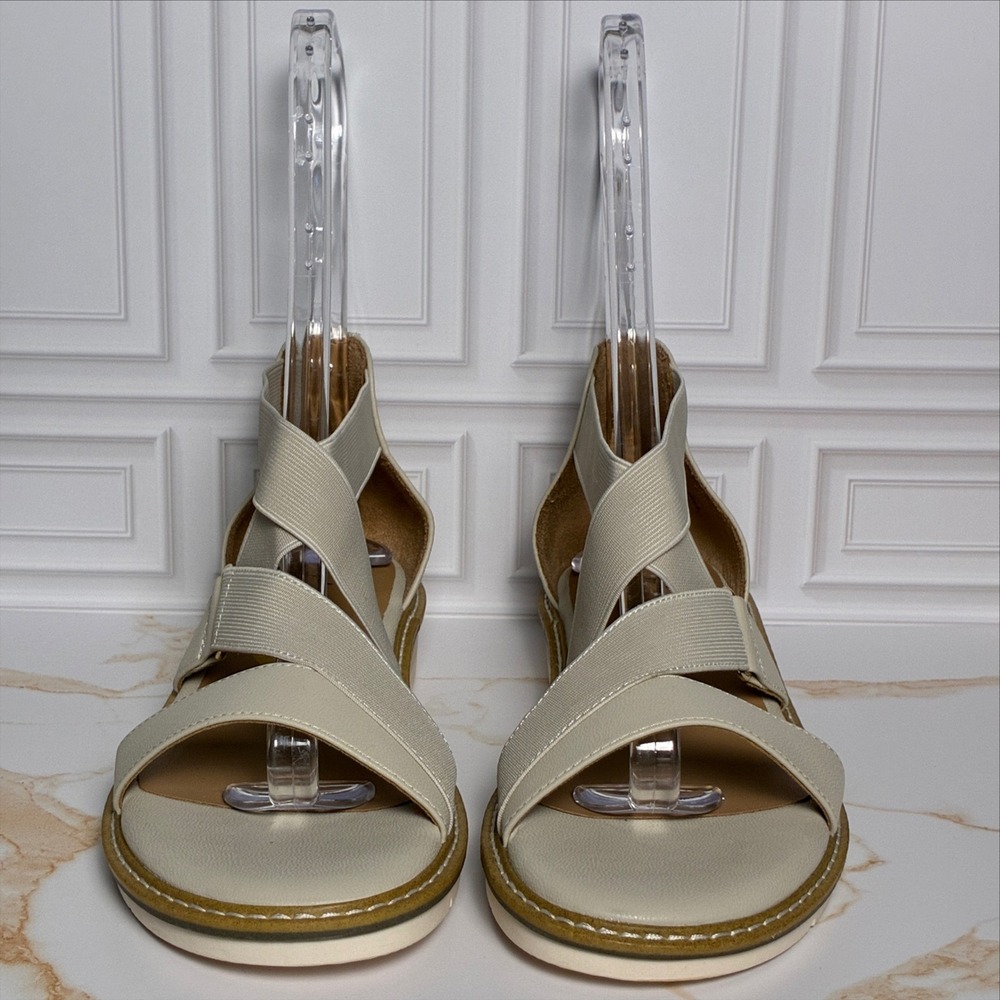 Me Too Cream Elastic Gladiator Wedge Sandals Back Zip Womens 8